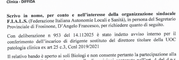 Richiesta di modifica/integrazione avviso per conferimento incarico UOC Patologia Clinica – DIFFIDA – Asl di Frosinone
